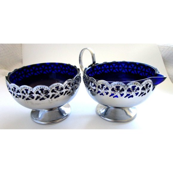 Unmarked Other - Cobalt Blue Glass and Silver Quality Plate Sugar and Creamer Set - England VTG